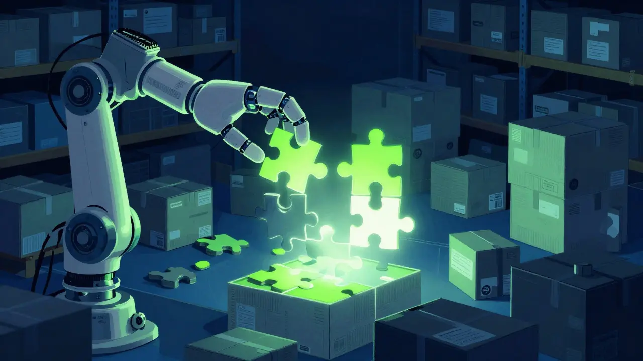 Robotic arm selecting precise puzzle pieces from a cluttered warehouse
