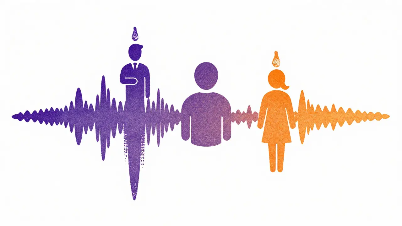 Sound waves transforming into character icons representing AI bias