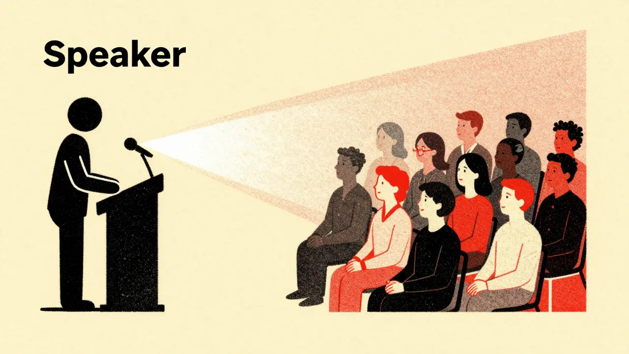 Split illustration of speaker and audience connected by light beams