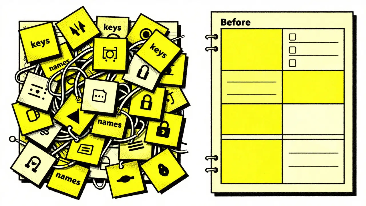 Split screen comparing chaotic data entry with organized secure prompts in yellow and black
