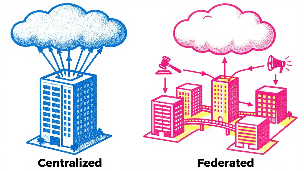 Split-view cartoon comparing centralized and federated data architecture structures