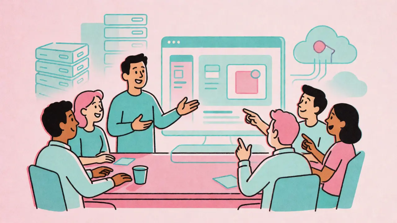 Team reviewing a rapidly built interactive prototype with users in a modern office