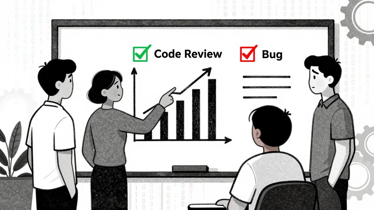 Team reviewing metrics and code quality during a pilot evaluation.