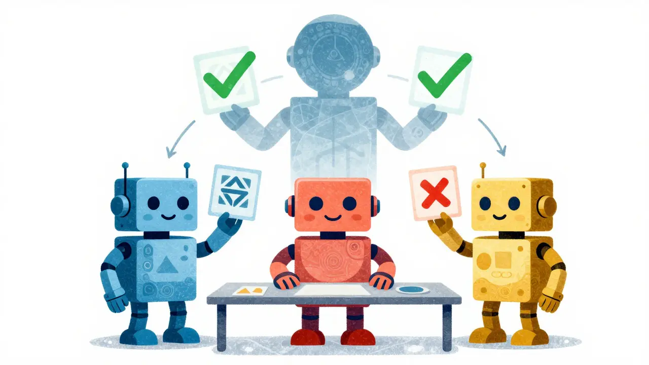 Three robots comparing symbols to reach a consensus in a riso print style