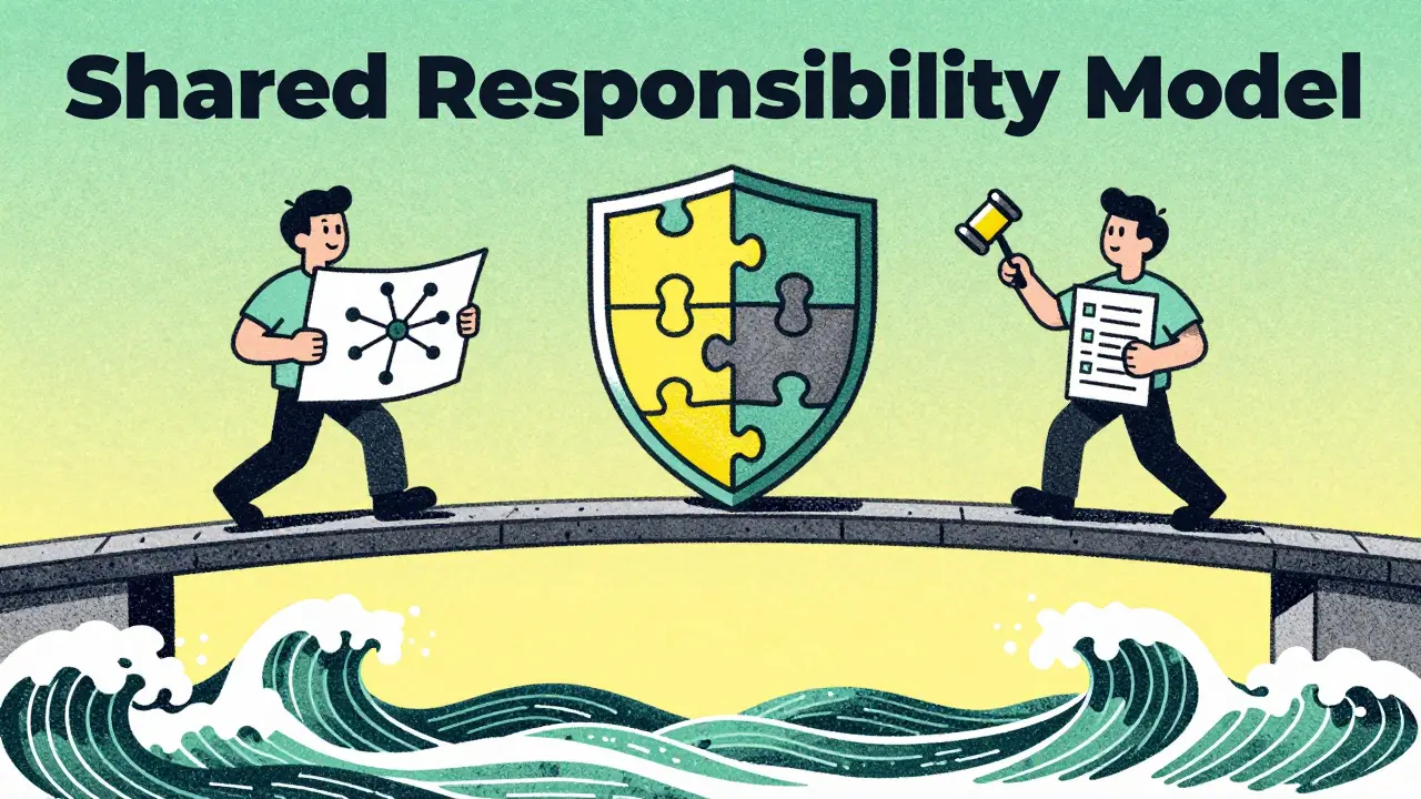 Two figures jointly building a protective bridge over chaotic waves in a cartoon style