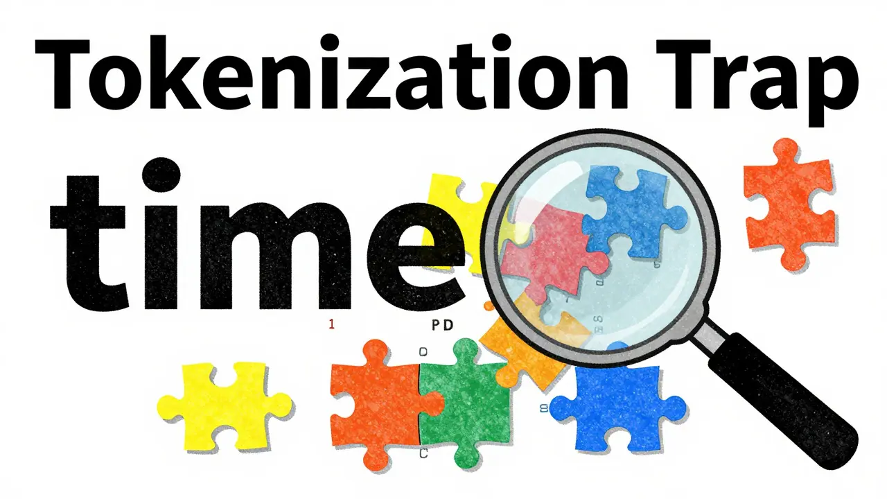 Visual metaphor of words splitting into different token pieces, highlighting tokenization complexities.