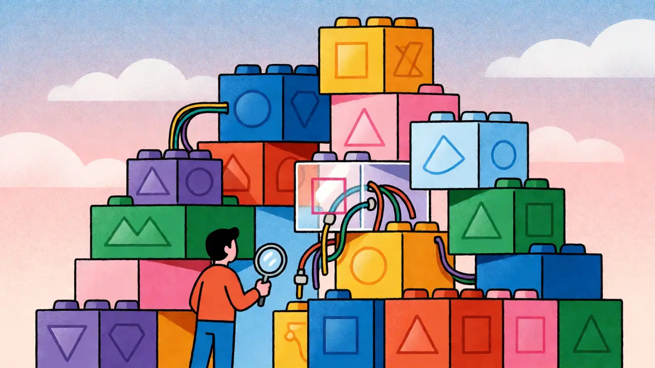 A developer inspecting a fragile, complex structure of opaque code blocks.