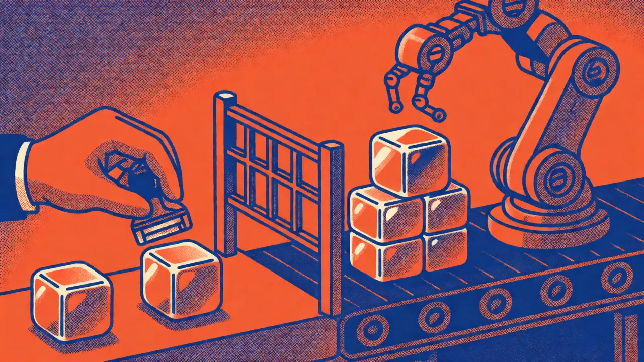 A human hand reviewing AI-generated code cubes on a production line.