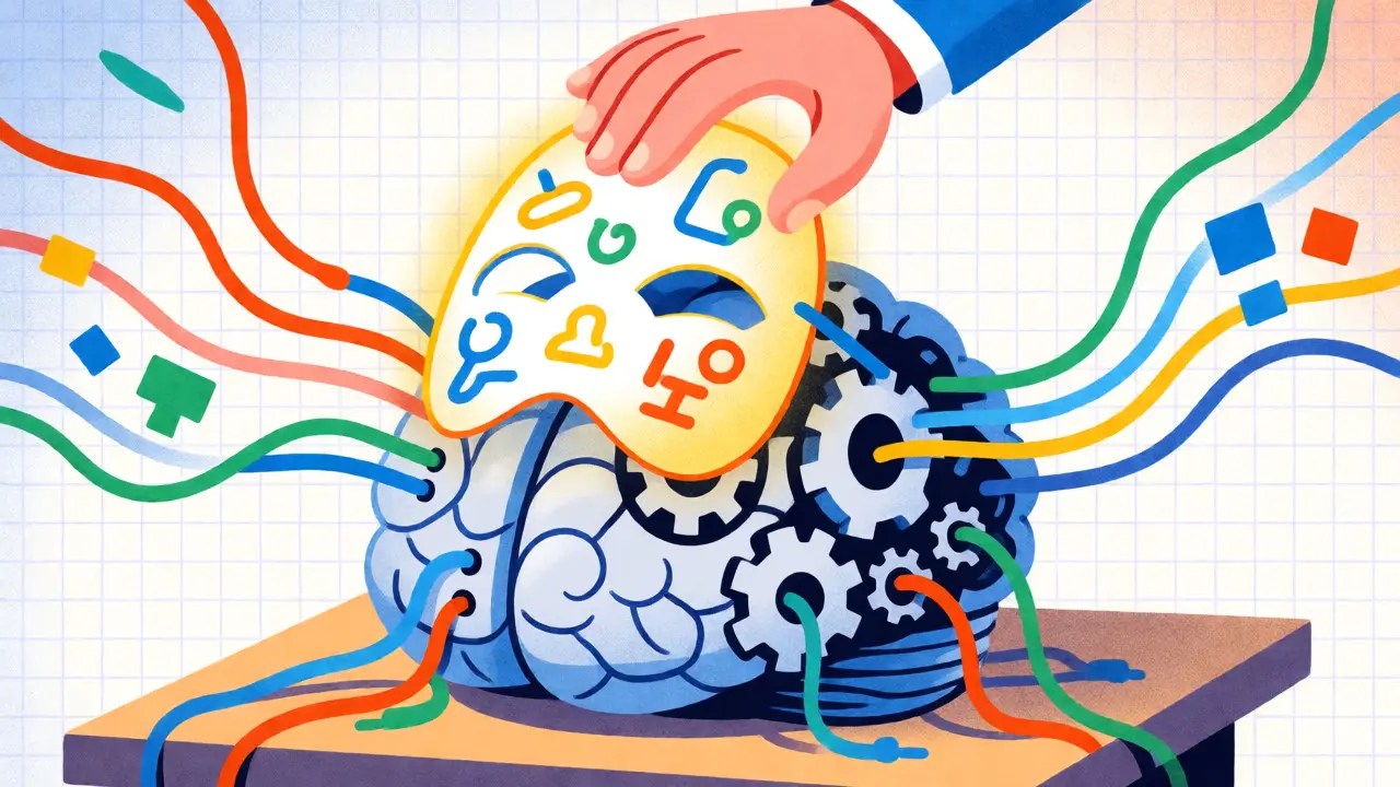 A mechanical brain receiving an expert persona mask, triggering colorful data streams.