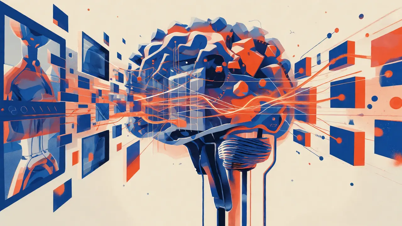 Abstract AI machine transforming video frames into structured data blocks in risograph art.