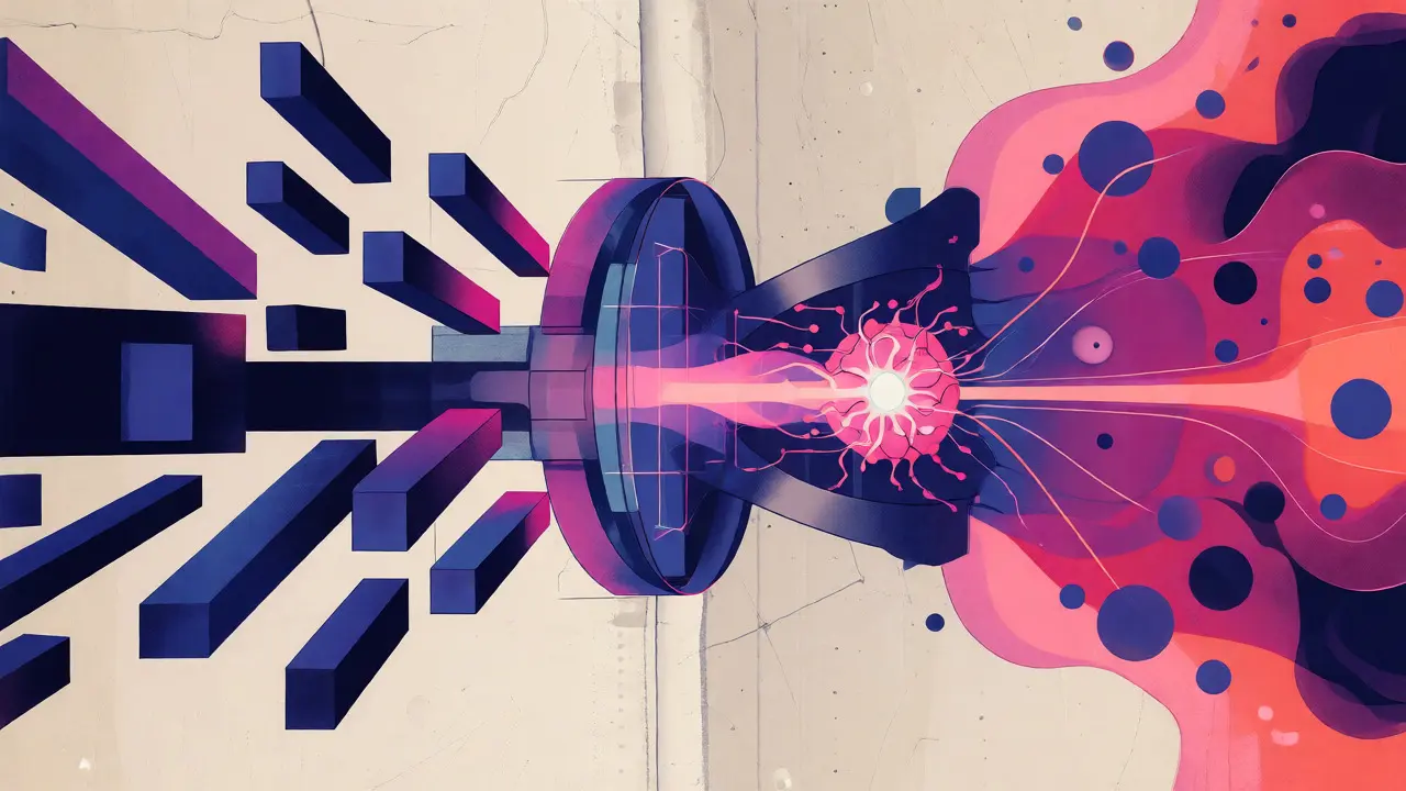 Abstract graphic merging keyword blocks and semantic waves into a search funnel