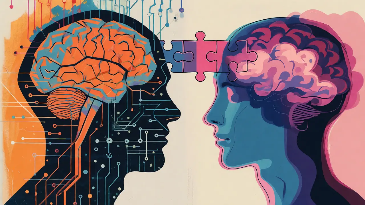Abstract illustration connecting an AI brain and a human mind via a puzzle bridge