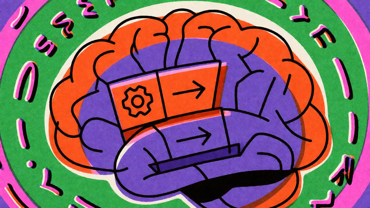 Abstract illustration of a brain assembling context and instruction blocks.