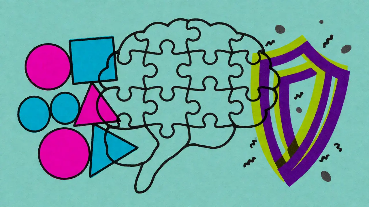 Abstract illustration of AI robustness strategies with diverse shapes and shields.