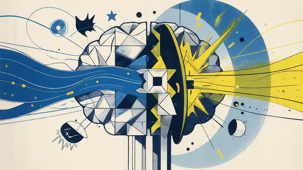 Abstract risograph art showing a neural network filtering conflicting user and system instructions during training.