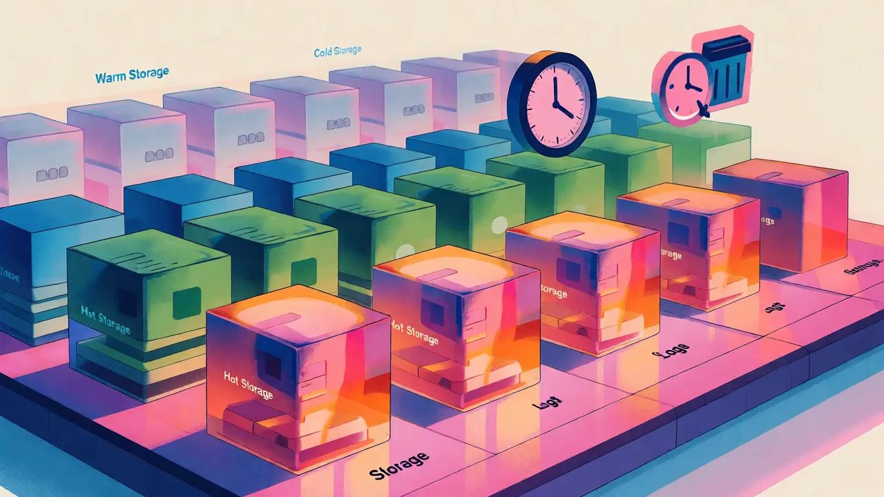 Abstract risograph art showing layered data storage tiers from hot to cold archive.