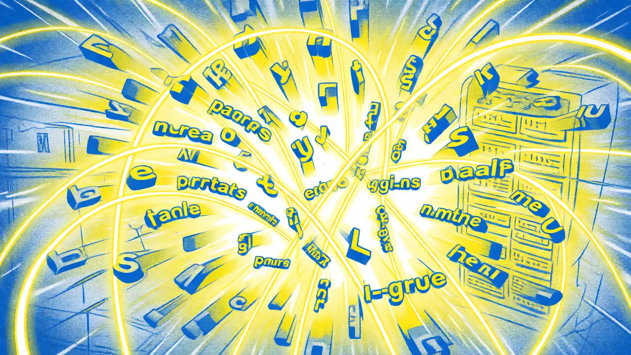 Abstract swirl of words and probability webs representing statistical NLP