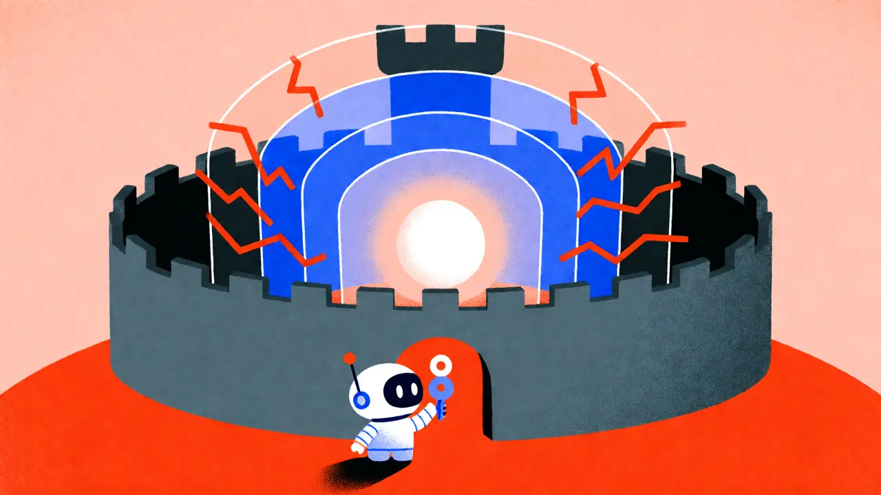 Cartoon depiction of API gateway authentication shielding an LLM from attacks.