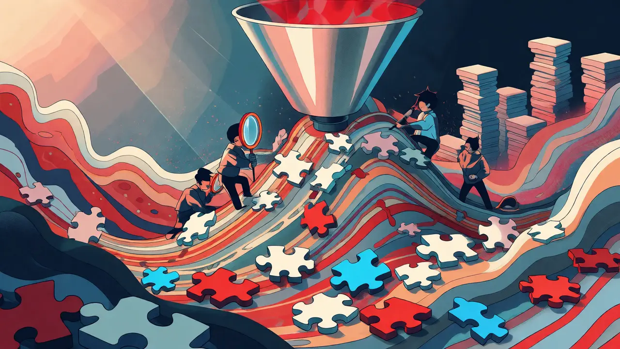 Cartoon figures searching through chaotic data streams to find evidence in a risograph style.
