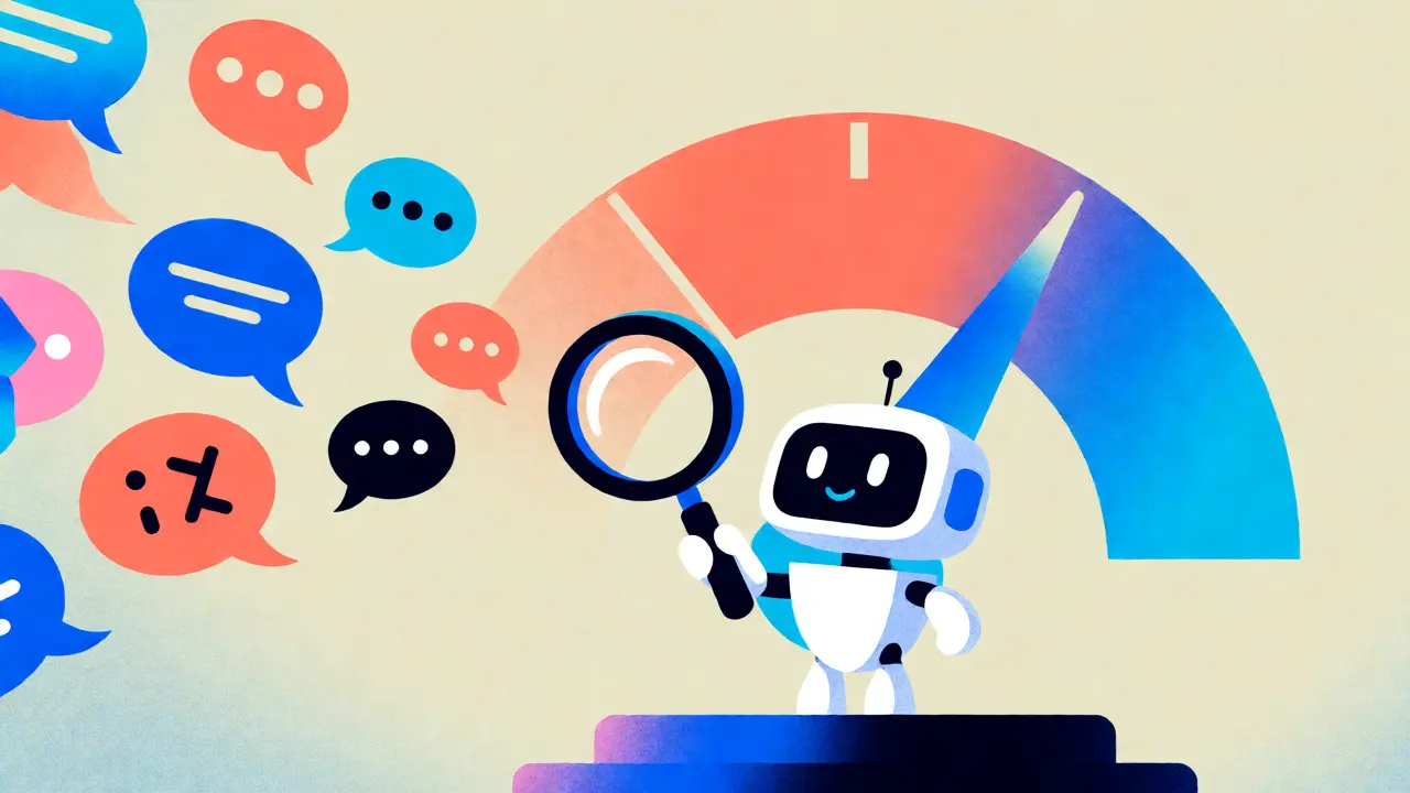 Chatbot analyzing noisy user inputs with a magnifying glass in a stylized setting.