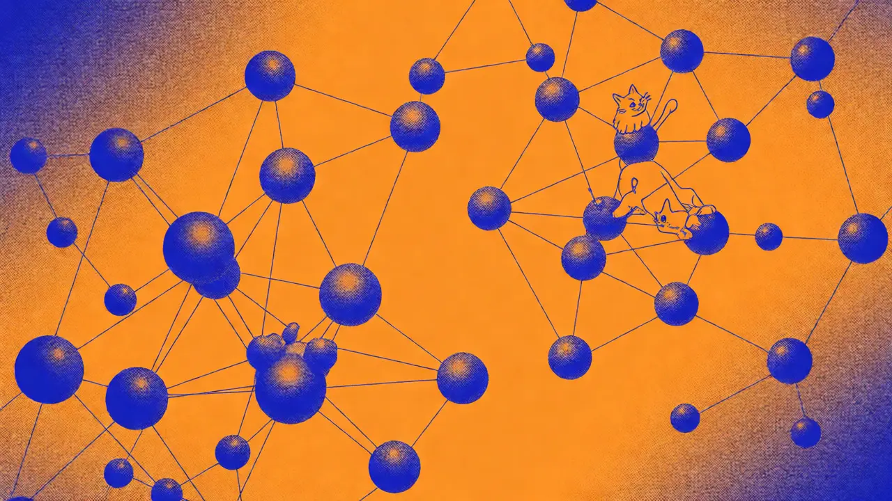 Constellation-like network of nodes in a high-dimensional space with separated cat clusters.