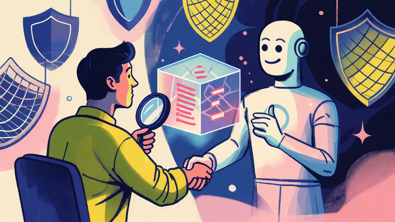 Developer and AI shaking hands over a protected code cube surrounded by safety shields.
