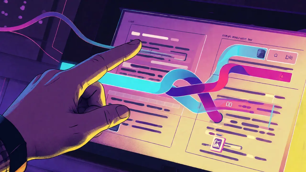 Developer reviewing merged code diffs from multiple AI agents via hologram.