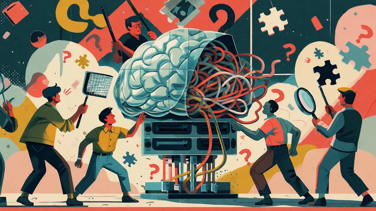 Diverse red team investigators examining a digital brain core for hidden knots and biases.