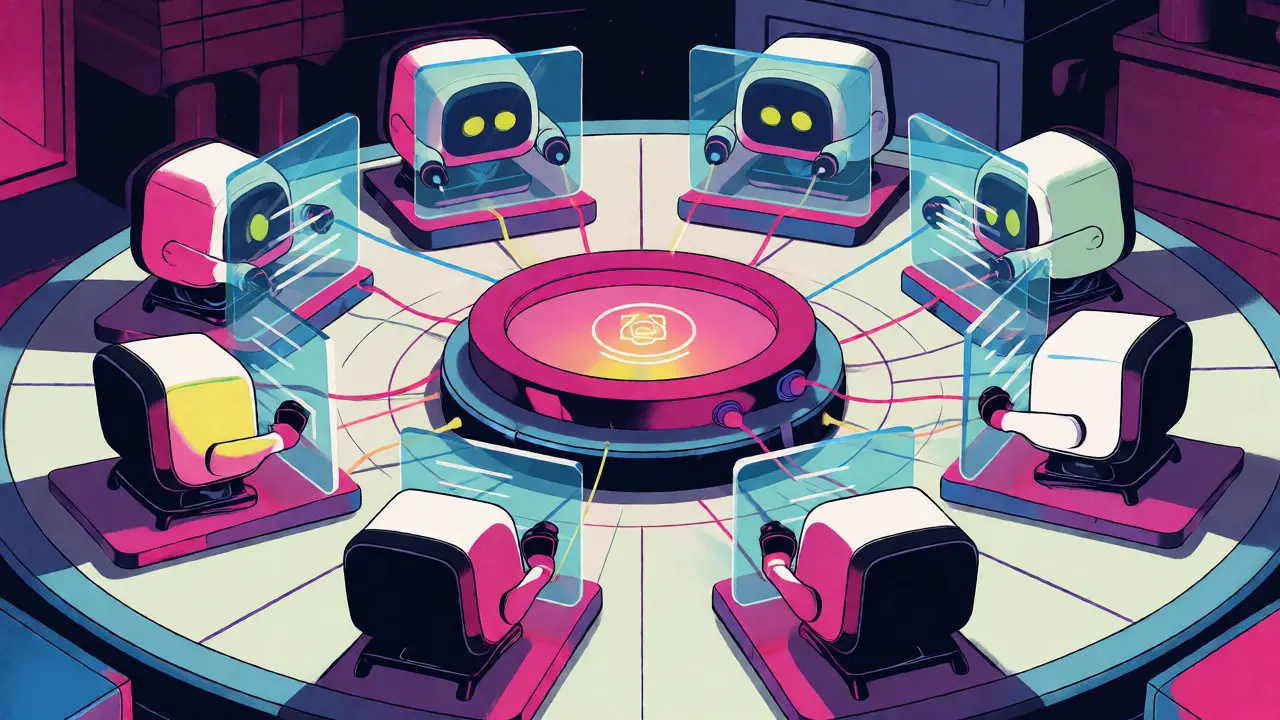 Eight AI agents working in sync on isolated code layers around a central hub