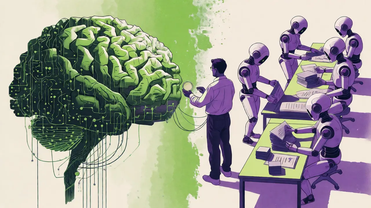 Engineer balancing a large general AI model with specialized self-hosted robots.