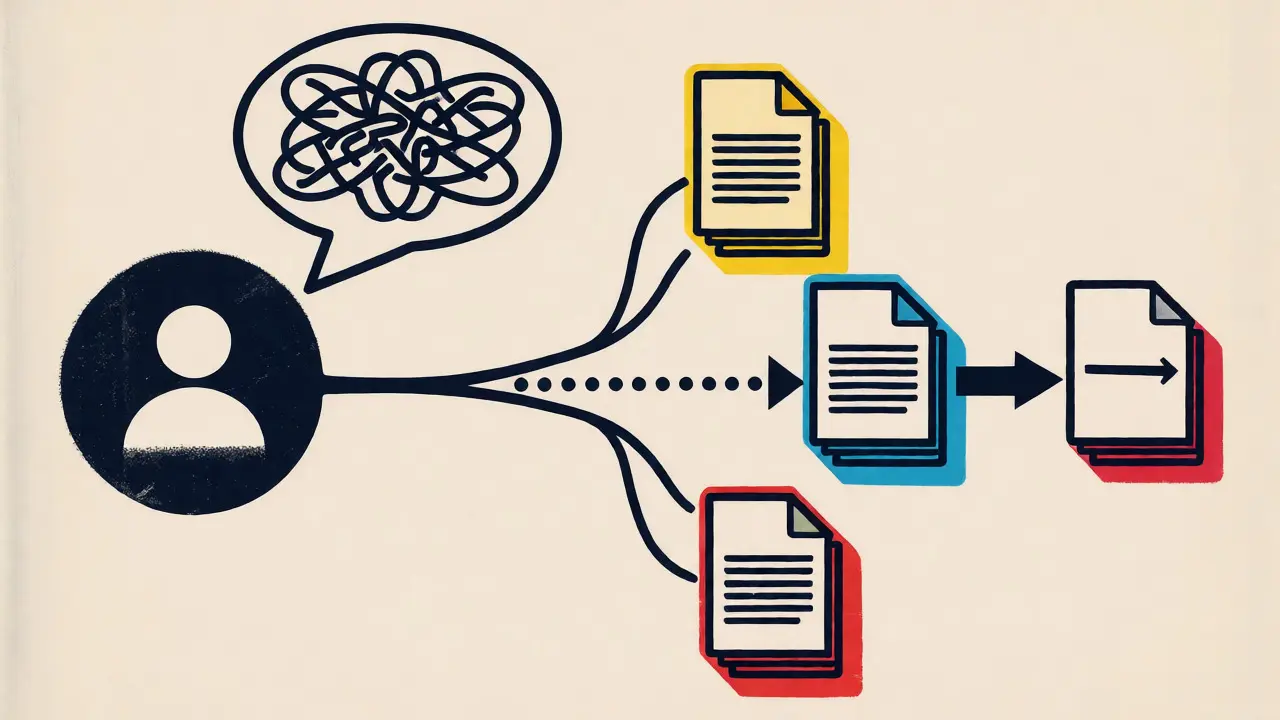 Flowchart illustration of recursive retrieval steps connecting multiple documents