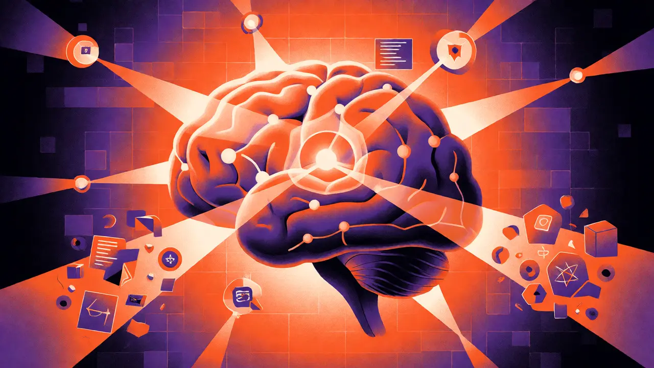 Glowing neural network brain visualizing transformer attention mechanisms