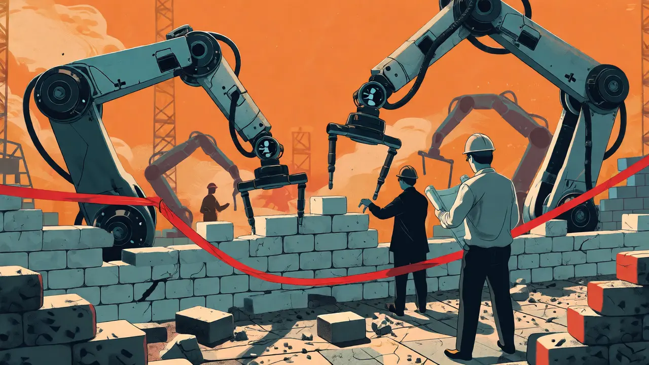 Human architects guiding AI robots building a cracked code wall