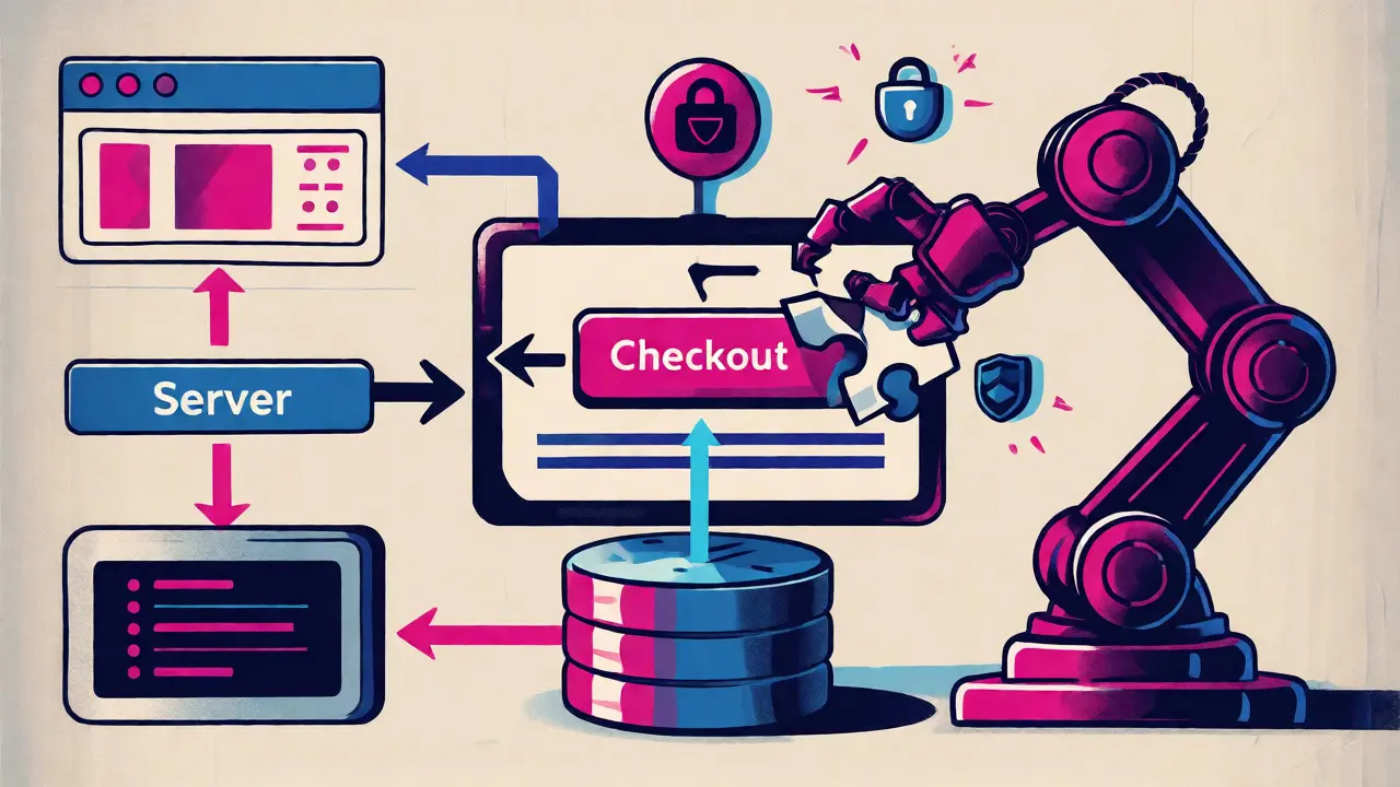 Illustration of an AI robot connecting a checkout button to a database, visualizing API integration flow.