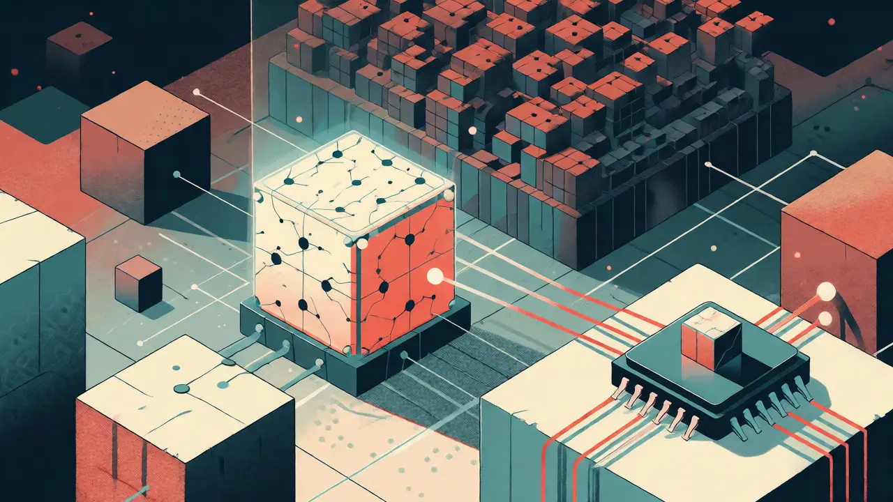 Isometric illustration of smart AI model architectures routing data efficiently.