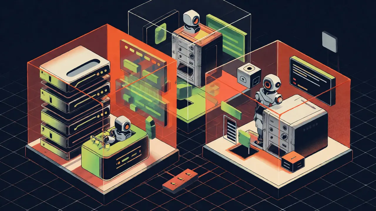 Isometric view of AI agents working in isolated Git worktrees on code structures.