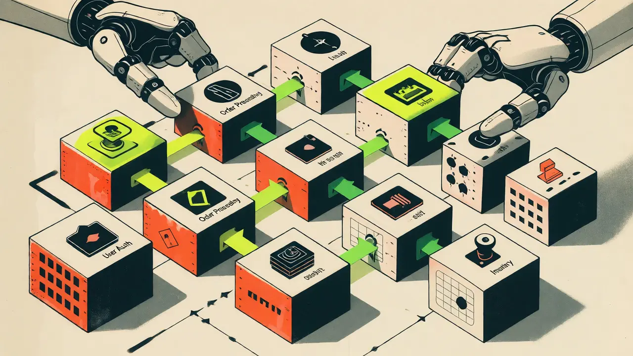 Modular software architecture components being assembled like building blocks.