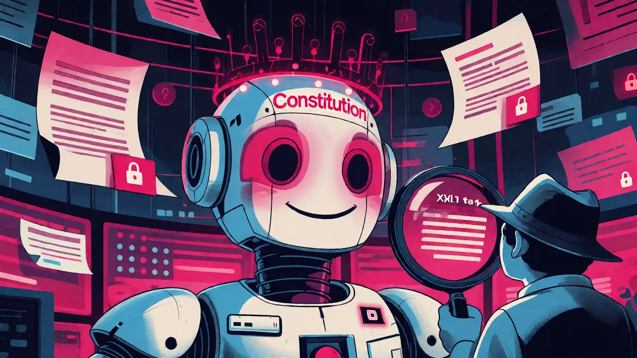 Retro-futuristic cartoon of an AI robot enforcing security rules against incoming text prompts using privilege levels.