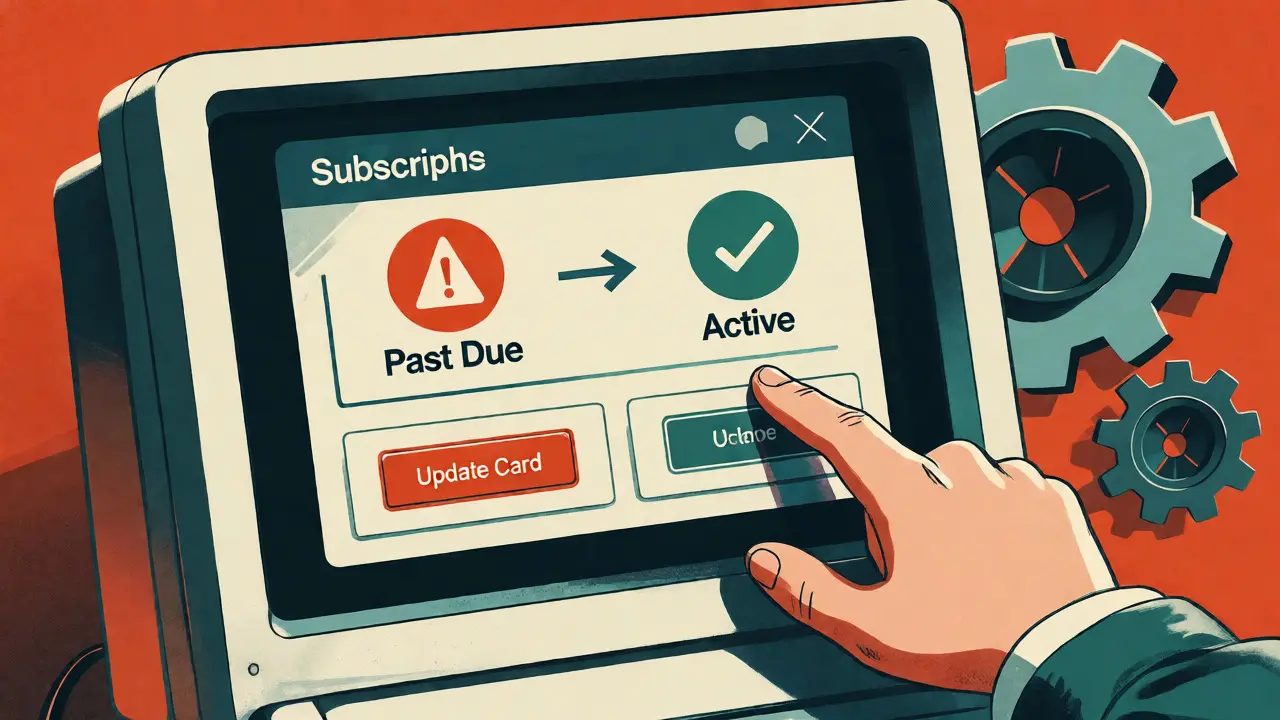 Retro monitor displaying a subscription status update from past due to active, symbolizing successful payment sync.