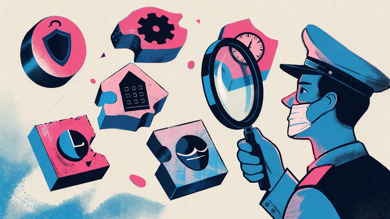 Security officer inspecting five abstract risk domains of AI platforms