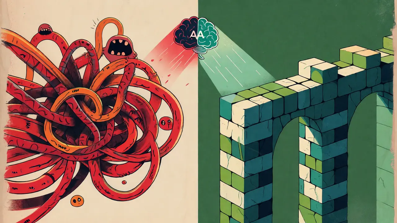 Split-screen cartoon comparing tangled C++ code knots with structured Rust code blocks.