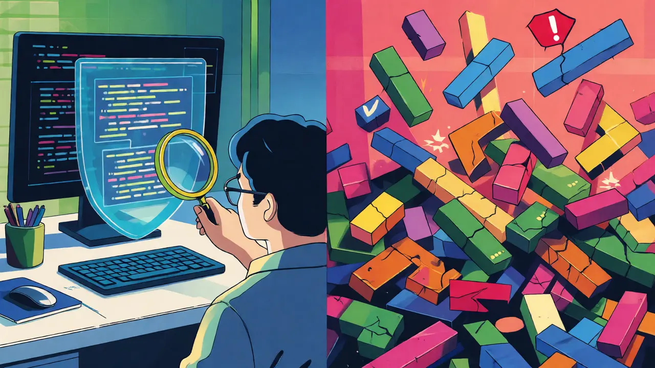 Split view: careful code review vs chaotic falling code blocks