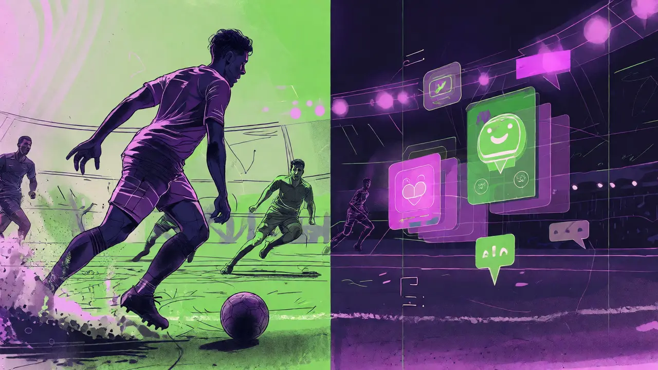 Split view of live sports action and AI analysis overlays in a grainy risograph style.