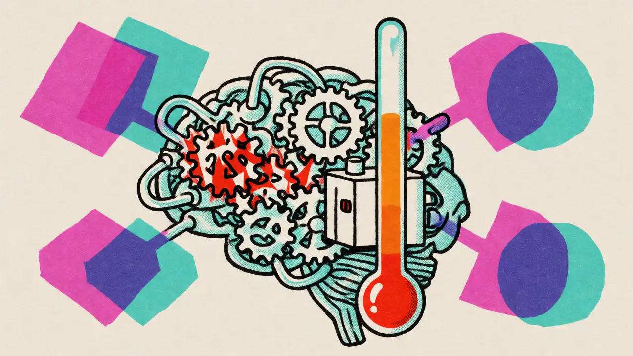 Stylized LLM brain connected to a thermometer module for temperature scaling