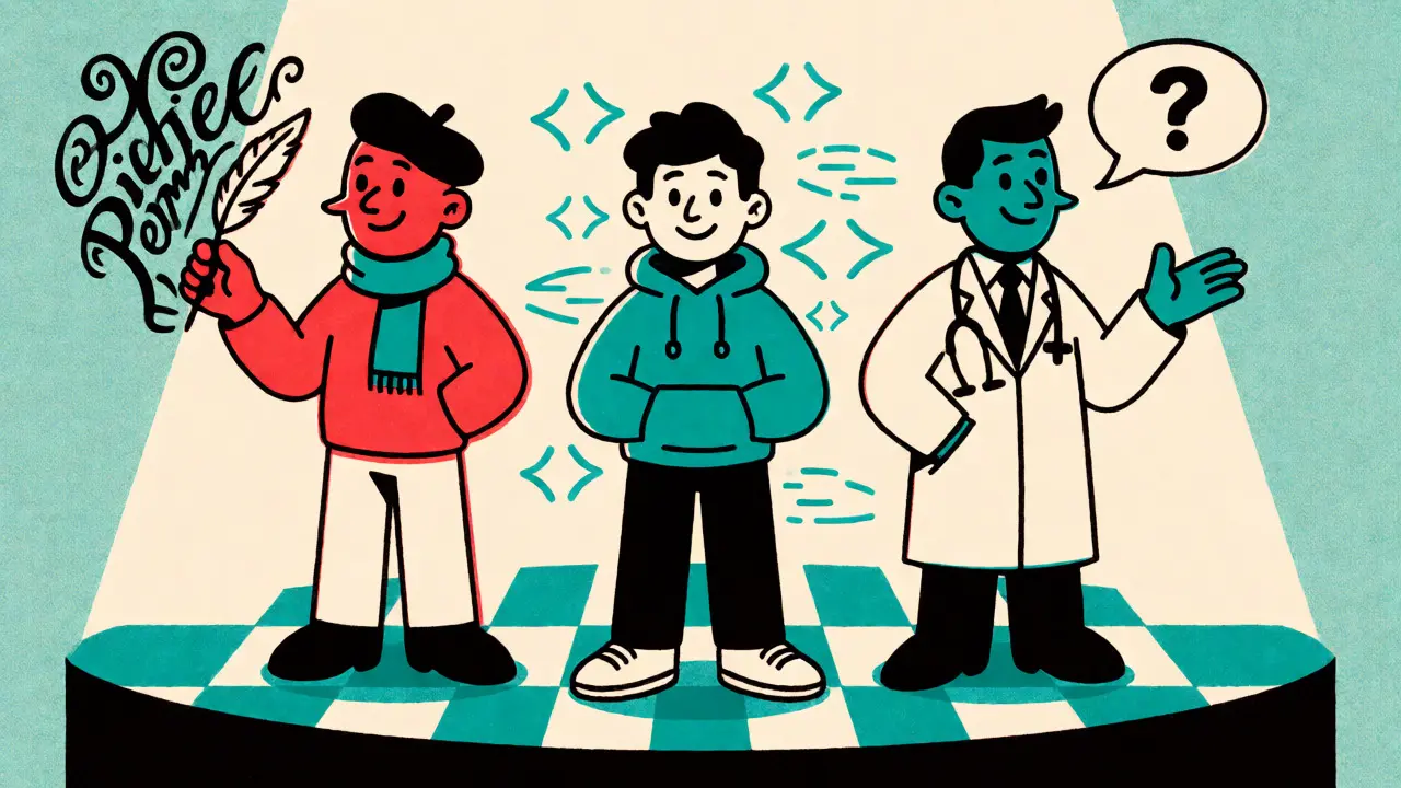 Three cartoon experts: a poet, a coder, and a doctor with a question mark bubble.