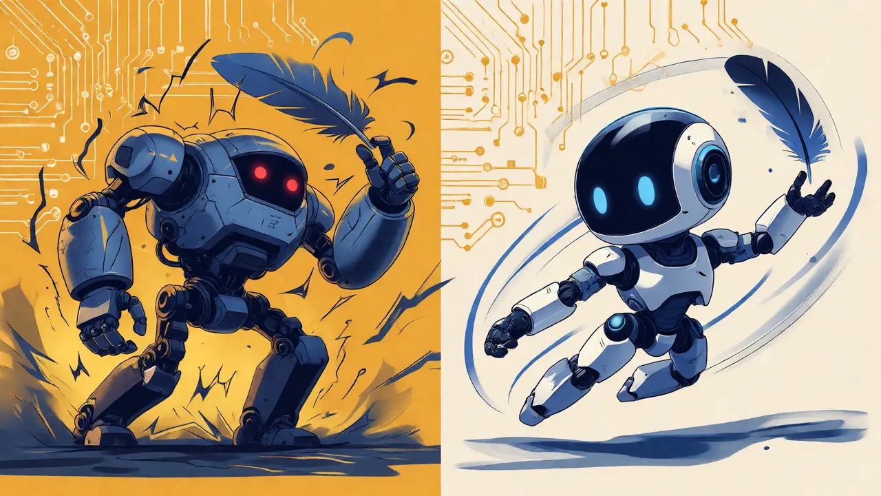 Two robots comparing efficiency; a bulky one struggles while a sleek one succeeds.