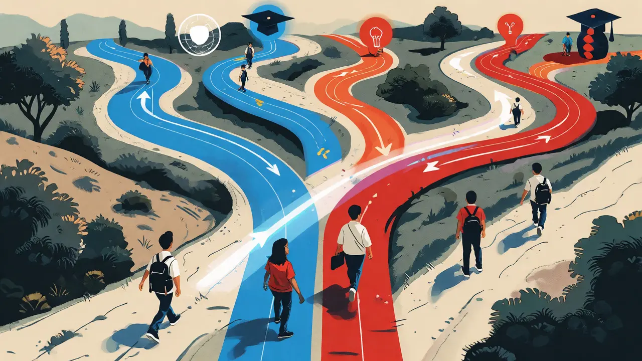 Winding path splitting into multiple colorful trails for individual learners