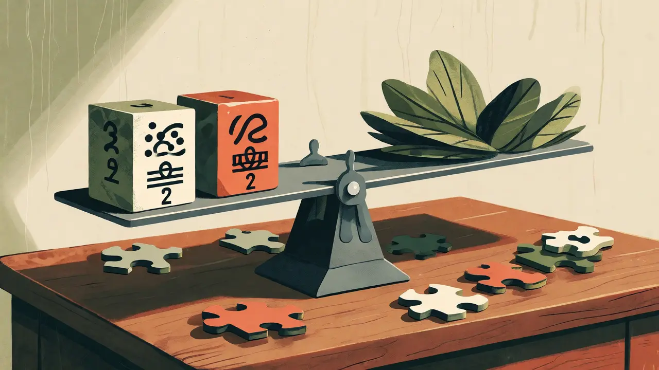 A balanced scale weighing rigid positional blocks against organic semantic shapes in riso art.