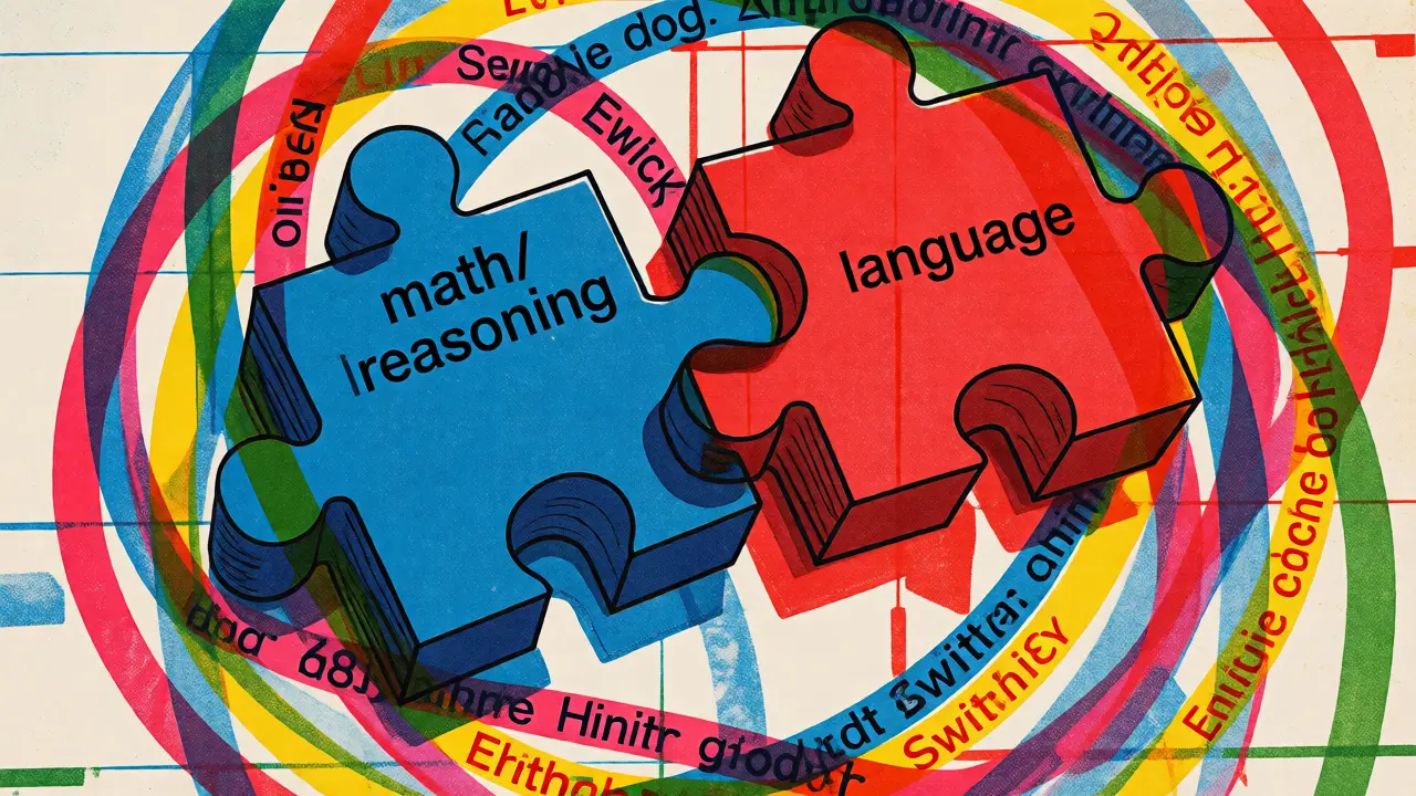 Abstract merging gears and swirling ribbons representing model modularity and code-switching