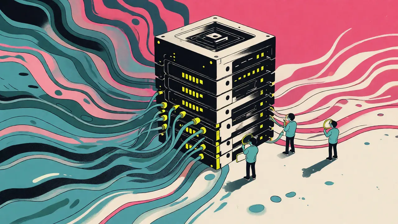 Abstract visualization of data drift as colorful waves encroaching on a static AI node.
